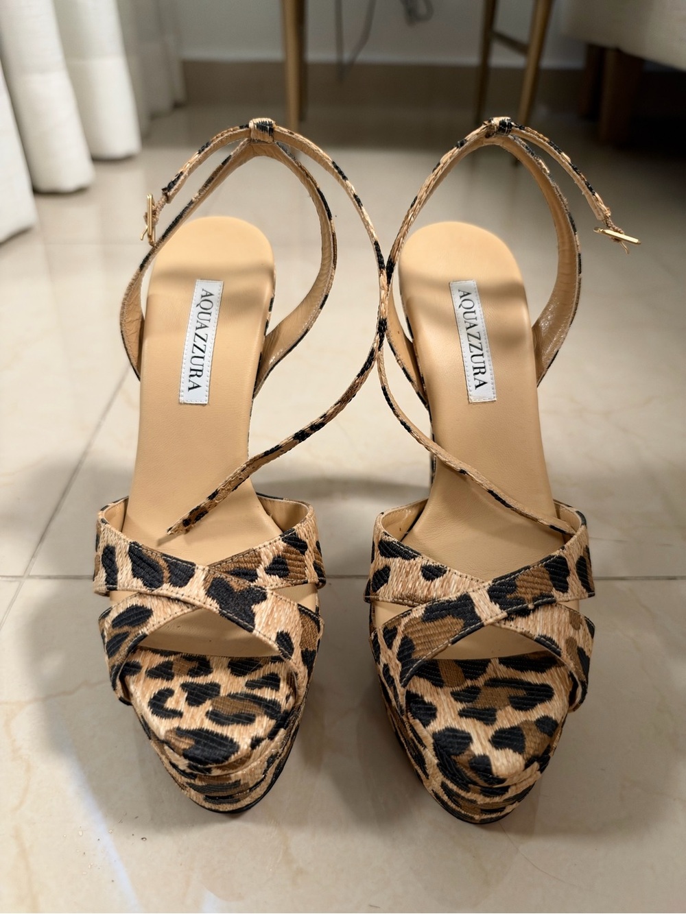 Aquazzura Leopard-Print Platform Sandals in Black & Tan